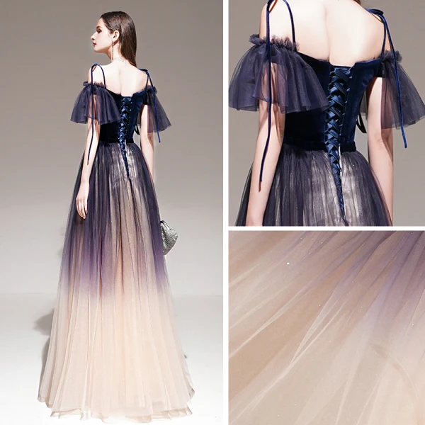 Fashion Purple Gradient-Color Evening Dresses 2020 A-Line / Princess Spaghetti Straps Short Sleeve Appliques Lace Beading Sash Glitter Tulle Floor-Length / Long Ruffle