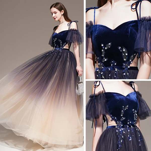 Fashion Purple Gradient-Color Evening Dresses 2020 A-Line / Princess Spaghetti Straps Short Sleeve Appliques Lace Beading Sash Glitter Tulle Floor-Length / Long Ruffle