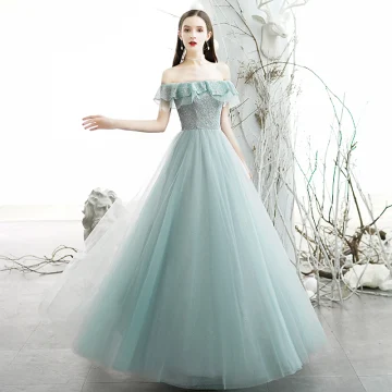 Chic Belle Bleu Ciel Robe De Soirée 2020 Princesse De L Épaule Manches Courtes Perlage Glitter Tulle Longue Volants Dos Nu Robe De Ceremonie