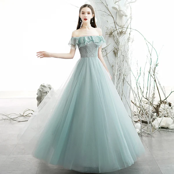 Chic / Belle Bleu Ciel Robe De Soirée 2020 Princesse De l'épaule Manches Courtes Perlage Glitter Tulle Longue Volants Dos Nu Robe De Ceremonie