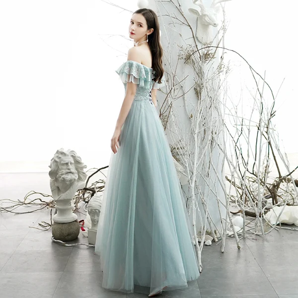 Chic / Belle Bleu Ciel Robe De Soirée 2020 Princesse De l'épaule Manches Courtes Perlage Glitter Tulle Longue Volants Dos Nu Robe De Ceremonie