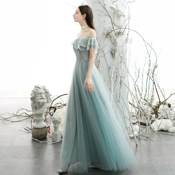 Chic / Belle Bleu Ciel Robe De Soirée 2020 Princesse De l'épaule Manches Courtes Perlage Glitter Tulle Longue Volants Dos Nu Robe De Ceremonie
