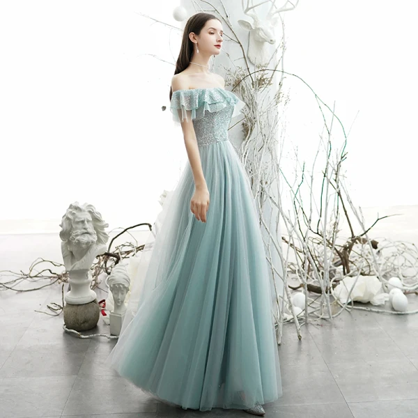 Chic / Belle Bleu Ciel Robe De Soirée 2020 Princesse De l'épaule Manches Courtes Perlage Glitter Tulle Longue Volants Dos Nu Robe De Ceremonie