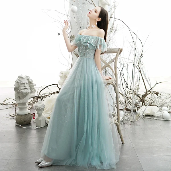 Chic / Belle Bleu Ciel Robe De Soirée 2020 Princesse De l'épaule Manches Courtes Perlage Glitter Tulle Longue Volants Dos Nu Robe De Ceremonie