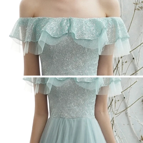 Chic / Belle Bleu Ciel Robe De Soirée 2020 Princesse De l'épaule Manches Courtes Perlage Glitter Tulle Longue Volants Dos Nu Robe De Ceremonie