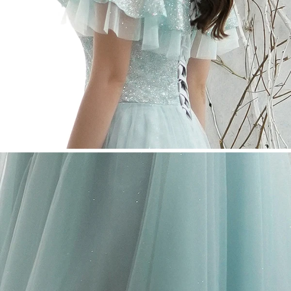 Chic / Belle Bleu Ciel Robe De Soirée 2020 Princesse De l'épaule Manches Courtes Perlage Glitter Tulle Longue Volants Dos Nu Robe De Ceremonie