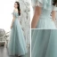 Chic / Belle Bleu Ciel Robe De Soirée 2020 Princesse De l'épaule Manches Courtes Perlage Glitter Tulle Longue Volants Dos Nu Robe De Ceremonie