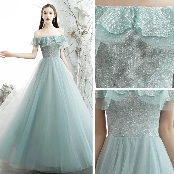 Chic / Belle Bleu Ciel Robe De Soirée 2020 Princesse De l'épaule Manches Courtes Perlage Glitter Tulle Longue Volants Dos Nu Robe De Ceremonie