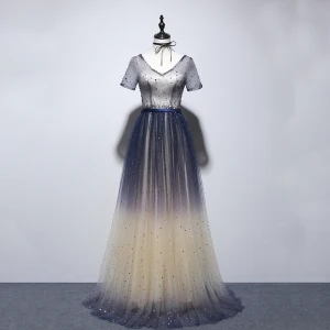 Chic Belle Champagne Bleu Marine Robe De Soirée 2020 Princesse V Cou Manches Courtes Glitter Tulle Ceinture Perlage Longue Volants Dos Nu Robe De Ceremonie