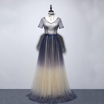 Chic Belle Champagne Bleu Marine Robe De Soirée 2020 Princesse V Cou Manches Courtes Glitter Tulle Ceinture Perlage Longue Volants Dos Nu Robe De Ceremonie