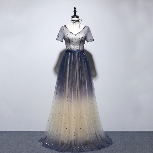 Chic / Belle Champagne Bleu Marine Robe De Soirée 2020 Princesse V-Cou Manches Courtes Glitter Tulle Ceinture Perlage Longue Volants Dos Nu Robe De Ceremonie