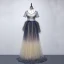 Chic / Belle Champagne Bleu Marine Robe De Soirée 2020 Princesse V-Cou Manches Courtes Glitter Tulle Ceinture Perlage Longue Volants Dos Nu Robe De Ceremonie