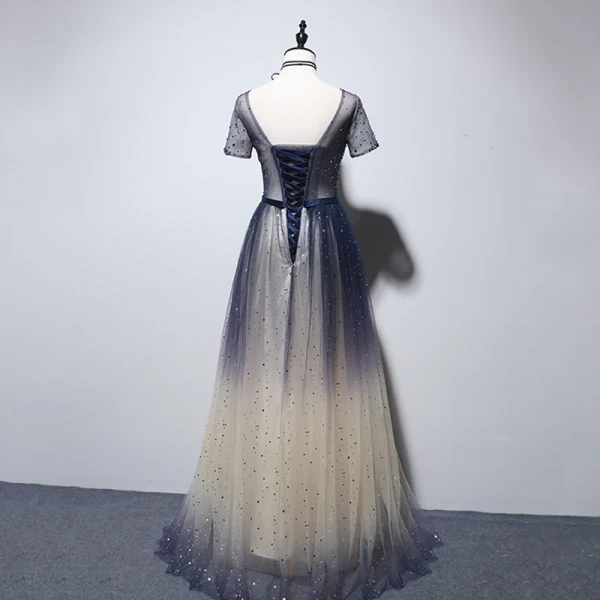 Chic / Belle Champagne Bleu Marine Robe De Soirée 2020 Princesse V-Cou Manches Courtes Glitter Tulle Ceinture Perlage Longue Volants Dos Nu Robe De Ceremonie