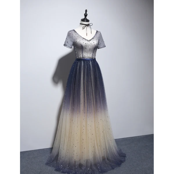 Chic / Belle Champagne Bleu Marine Robe De Soirée 2020 Princesse V-Cou Manches Courtes Glitter Tulle Ceinture Perlage Longue Volants Dos Nu Robe De Ceremonie