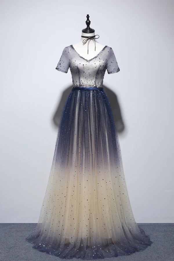 Chic / Belle Champagne Bleu Marine Robe De Soirée 2020 Princesse V-Cou Manches Courtes Glitter Tulle Ceinture Perlage Longue Volants Dos Nu Robe De Ceremonie