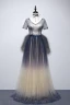Chic / Belle Champagne Bleu Marine Robe De Soirée 2020 Princesse V-Cou Manches Courtes Glitter Tulle Ceinture Perlage Longue Volants Dos Nu Robe De Ceremonie