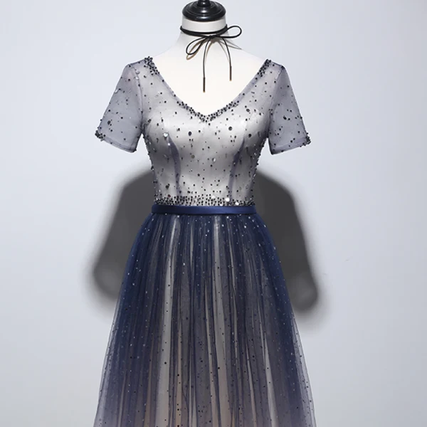 Chic / Belle Champagne Bleu Marine Robe De Soirée 2020 Princesse V-Cou Manches Courtes Glitter Tulle Ceinture Perlage Longue Volants Dos Nu Robe De Ceremonie