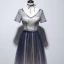 Chic / Belle Champagne Bleu Marine Robe De Soirée 2020 Princesse V-Cou Manches Courtes Glitter Tulle Ceinture Perlage Longue Volants Dos Nu Robe De Ceremonie