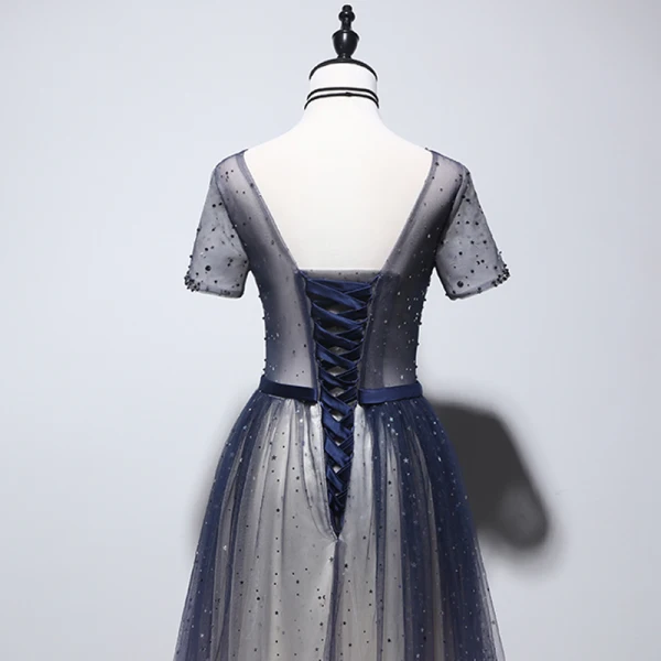 Chic / Belle Champagne Bleu Marine Robe De Soirée 2020 Princesse V-Cou Manches Courtes Glitter Tulle Ceinture Perlage Longue Volants Dos Nu Robe De Ceremonie