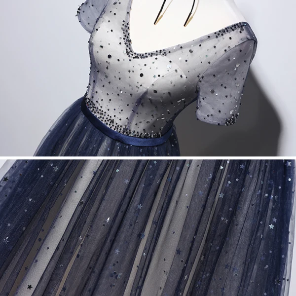 Chic / Belle Champagne Bleu Marine Robe De Soirée 2020 Princesse V-Cou Manches Courtes Glitter Tulle Ceinture Perlage Longue Volants Dos Nu Robe De Ceremonie