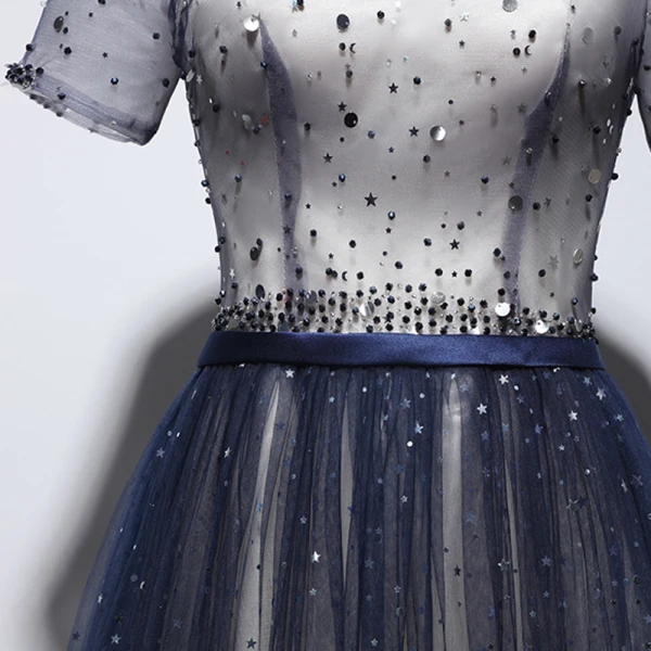 Chic / Belle Champagne Bleu Marine Robe De Soirée 2020 Princesse V-Cou Manches Courtes Glitter Tulle Ceinture Perlage Longue Volants Dos Nu Robe De Ceremonie