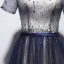Chic / Belle Champagne Bleu Marine Robe De Soirée 2020 Princesse V-Cou Manches Courtes Glitter Tulle Ceinture Perlage Longue Volants Dos Nu Robe De Ceremonie