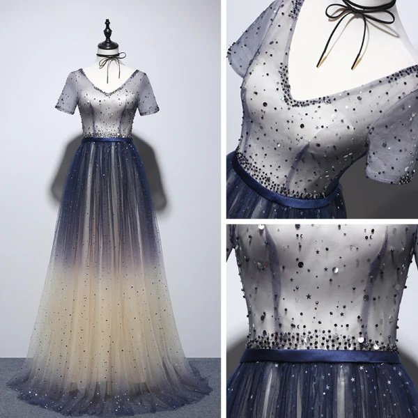 Chic / Belle Champagne Bleu Marine Robe De Soirée 2020 Princesse V-Cou Manches Courtes Glitter Tulle Ceinture Perlage Longue Volants Dos Nu Robe De Ceremonie