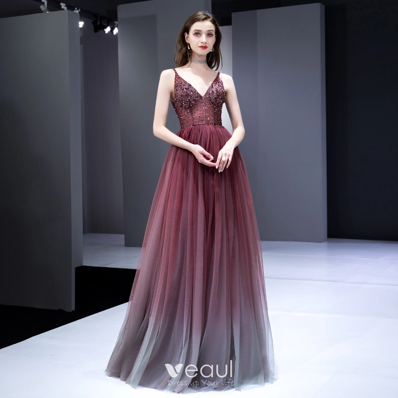 Elegant Burgundy Gradient Color Evening Dresses 2020 A Line Princess Spaghetti Straps Sleeveless Beading Floor Length Long Ruffle Backless Formal Dresses