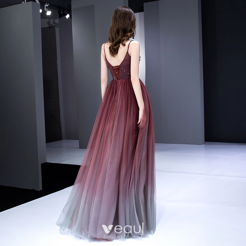 burgundy ombre prom dress Sexy Mermaid Strapless Ombre Burgundy Satin Slit Long Prom Dresses Bir –  formalgowns main image 0