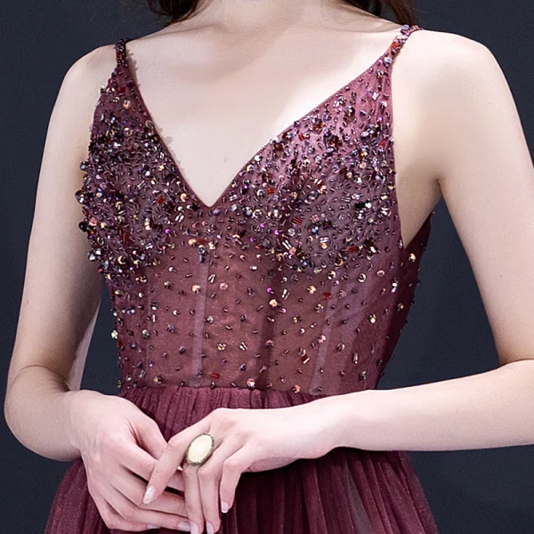 Elegant Burgundy Gradient-Color Evening Dresses 2020 A-Line / Princess Spaghetti Straps Sleeveless Beading Floor-Length / Long Ruffle Backless Formal Dresses