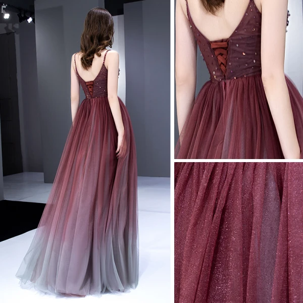 Elegant Burgundy Gradient-Color Evening Dresses 2020 A-Line / Princess Spaghetti Straps Sleeveless Beading Floor-Length / Long Ruffle Backless Formal Dresses