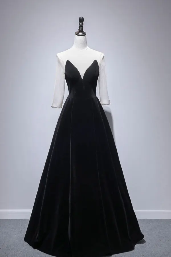 Modest / Simple Black Velour Winter Evening Dresses 2020 A-Line / Princess See-through Scoop Neck Long Sleeve Beading Floor-Length / Long Ruffle Backless Formal Dresses