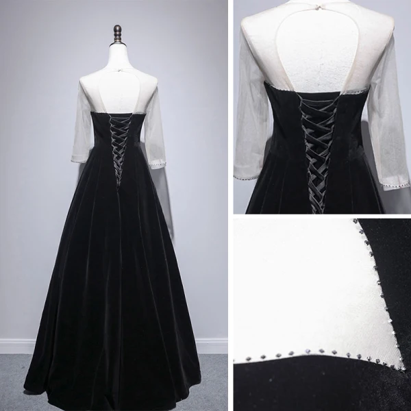 Modest / Simple Black Velour Winter Evening Dresses 2020 A-Line / Princess See-through Scoop Neck Long Sleeve Beading Floor-Length / Long Ruffle Backless Formal Dresses