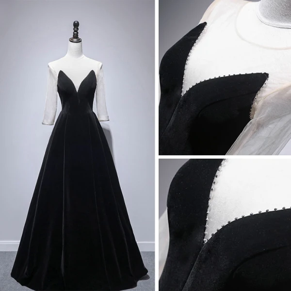 Modest / Simple Black Velour Winter Evening Dresses 2020 A-Line / Princess See-through Scoop Neck Long Sleeve Beading Floor-Length / Long Ruffle Backless Formal Dresses