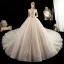 Luxe Champagne Transparentes Robe De Mariée 2020 Robe Boule Encolure Dégagée Manches Courtes Dos Nu Perlage Glitter Tulle Appliques En Dentelle Cathedral Train Volants