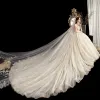 Luxury / Gorgeous Champagne See-through Wedding Dresses 2020 Ball Gown Scoop Neck Short Sleeve Backless Beading Glitter Tulle Appliques Lace Cathedral Train Ruffle