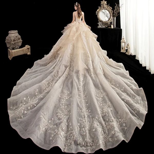 Luxury / Gorgeous Champagne Wedding Dresses 2020 Ball Gown Scoop Neck Sleeveless Backless Appliques Flower Glitter Tulle Beading Cathedral Train Ruffle