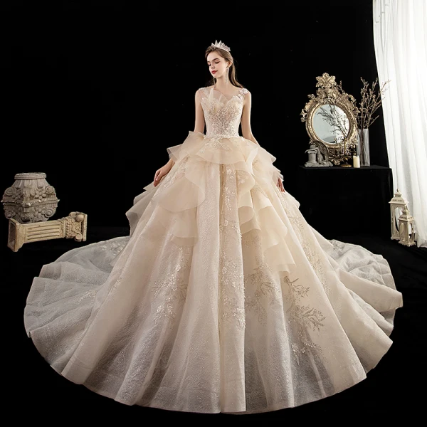 Luxury / Gorgeous Champagne Wedding Dresses 2020 Ball Gown Scoop Neck Sleeveless Backless Appliques Flower Glitter Tulle Beading Cathedral Train Ruffle