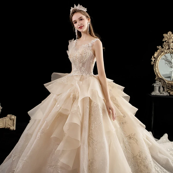Luxury / Gorgeous Champagne Wedding Dresses 2020 Ball Gown Scoop Neck Sleeveless Backless Appliques Flower Glitter Tulle Beading Cathedral Train Ruffle