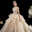 Luxury / Gorgeous Champagne Wedding Dresses 2020 Ball Gown Scoop Neck Sleeveless Backless Appliques Flower Glitter Tulle Beading Cathedral Train Ruffle