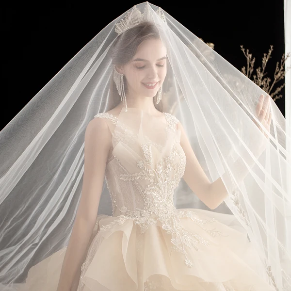 Luxury / Gorgeous Champagne Wedding Dresses 2020 Ball Gown Scoop Neck Sleeveless Backless Appliques Flower Glitter Tulle Beading Cathedral Train Ruffle