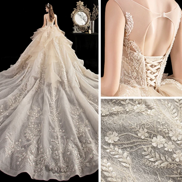 Luxury / Gorgeous Champagne Wedding Dresses 2020 Ball Gown Scoop Neck Sleeveless Backless Appliques Flower Glitter Tulle Beading Cathedral Train Ruffle