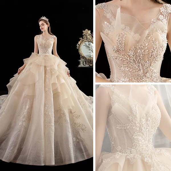 Luxury / Gorgeous Champagne Wedding Dresses 2020 Ball Gown Scoop Neck Sleeveless Backless Appliques Flower Glitter Tulle Beading Cathedral Train Ruffle
