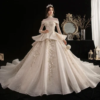Vintage Retro Champagne See Through Wedding Dresses 2020 Ball Gown High Neck 3 4 Sleeve Appliques Flower Beading Glitter Tulle Cathedral Train Ruffle