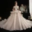 Vintage Champagne Genomskinliga Bröllopsklänningar 2020 Balklänning Hög Hals 3/4 ärm Appliqués Blomma Beading Glittriga / Glitter Tyll Cathedral Train Ruffle