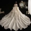 Vintage Champagne Genomskinliga Bröllopsklänningar 2020 Balklänning Hög Hals 3/4 ärm Appliqués Blomma Beading Glittriga / Glitter Tyll Cathedral Train Ruffle