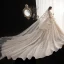 Vintage Champagne Genomskinliga Bröllopsklänningar 2020 Balklänning Hög Hals 3/4 ärm Appliqués Blomma Beading Glittriga / Glitter Tyll Cathedral Train Ruffle