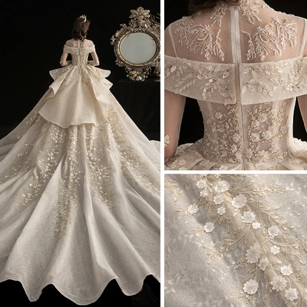 Vintage Champagne Genomskinliga Bröllopsklänningar 2020 Balklänning Hög Hals 3/4 ärm Appliqués Blomma Beading Glittriga / Glitter Tyll Cathedral Train Ruffle