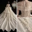 Vintage Champagne Genomskinliga Bröllopsklänningar 2020 Balklänning Hög Hals 3/4 ärm Appliqués Blomma Beading Glittriga / Glitter Tyll Cathedral Train Ruffle