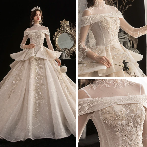 Vintage Champagne Genomskinliga Bröllopsklänningar 2020 Balklänning Hög Hals 3/4 ärm Appliqués Blomma Beading Glittriga / Glitter Tyll Cathedral Train Ruffle